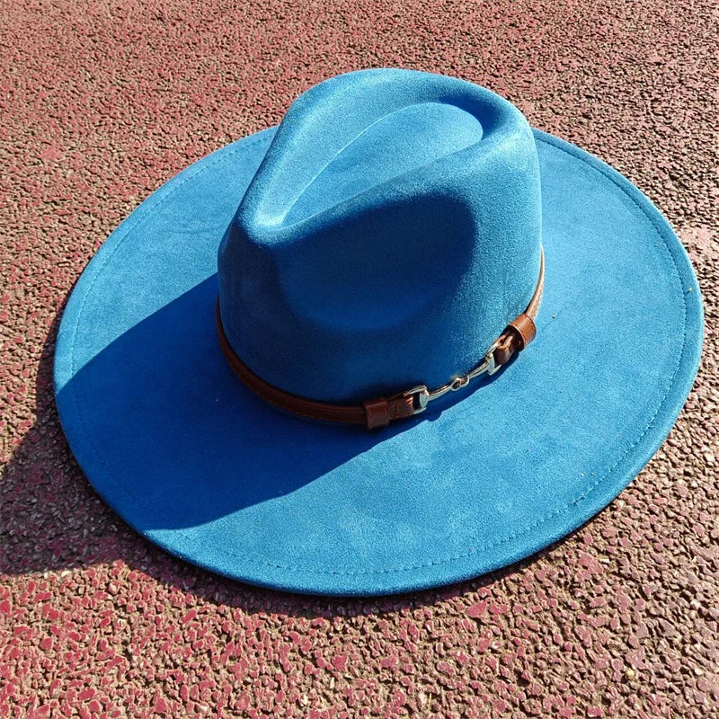Suede fedora hat with same color accessories teardrop top wide brim hat for men and women Panama hat chapeau homme sombrero