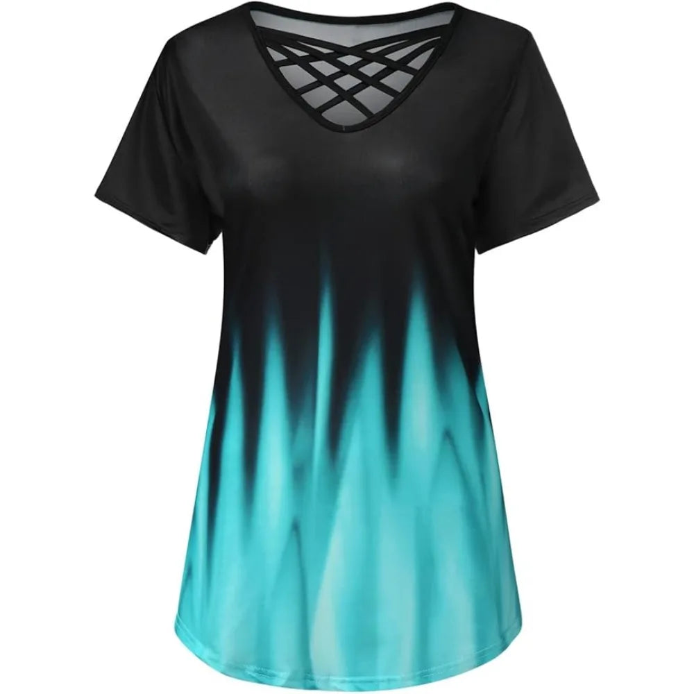 Plus Size 1XL-5XL Women Fashion Half Sleeve T-Shirt Printed Gradient BeltT-shirt Women'sCasual Color Gradient V-neck Cross Shirt