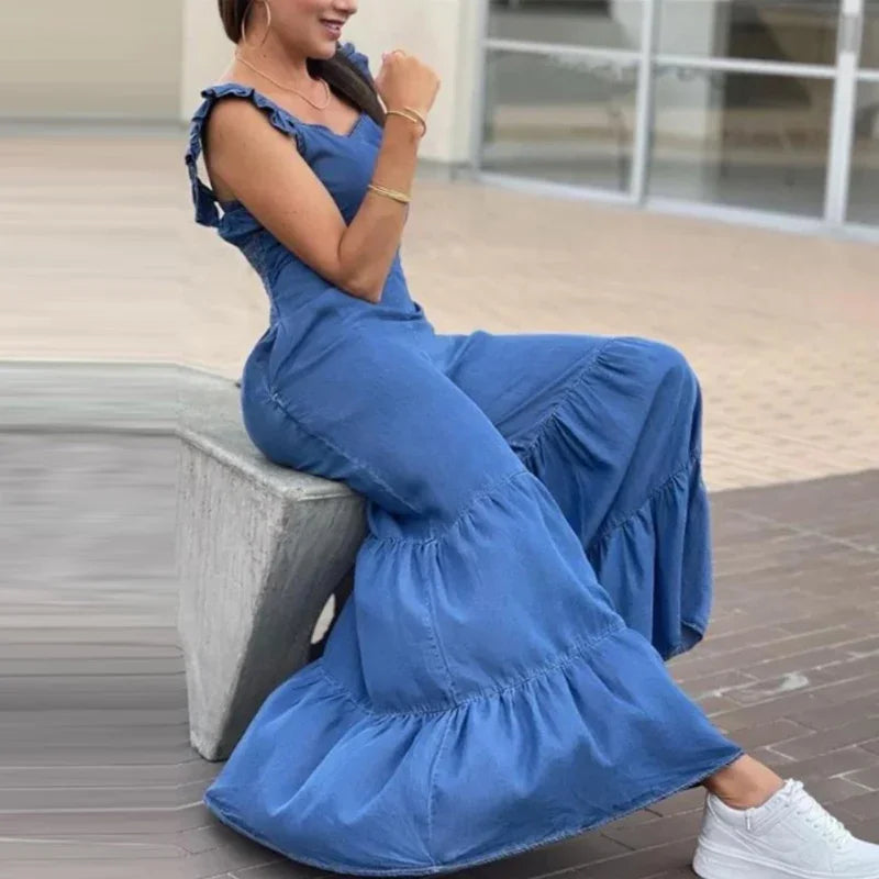 Women Solid Jumpsuits Spring V Neck High Waist Straight Playsuits Summer Backless Wide Leg Pleated Pants Rompers Flared Jumpsuit