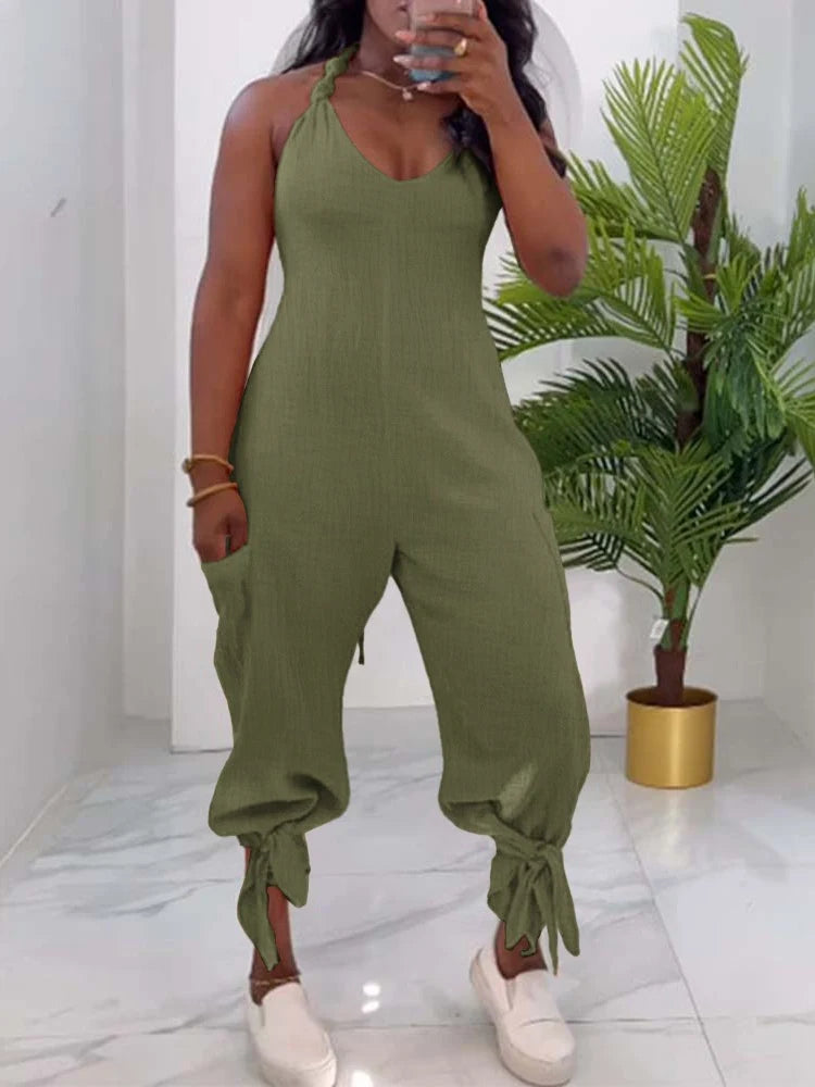 Casual Long Jumpsuits for Women Clothing Summer 2025 Trend Halter Tied Detail Pocket Design Jumpsuit Woman One Pieces Outfit