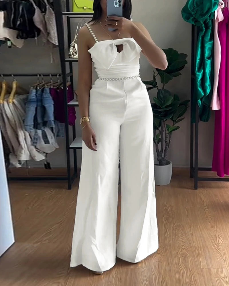 Women's Jumpsuit Fashion 2025 Bandeau Beaded Spaghetti Strap Bowknot Design Ruched Slim Fit Jumpsuit Elegant Overall