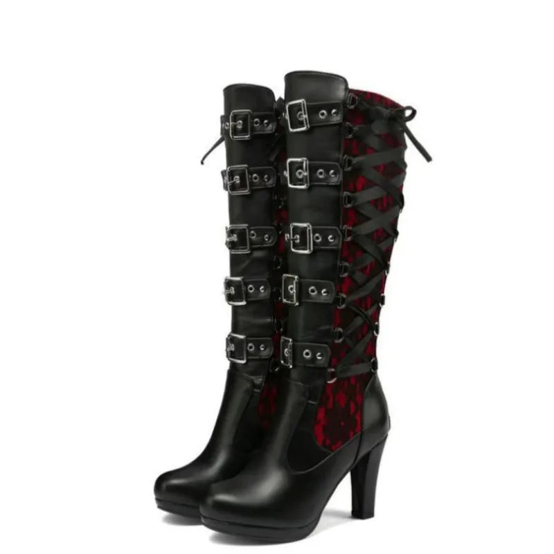 High-heeled boots Platform Boots for Women Lace Up Chunky High Heel Mid Calf Boots Narrow Band Bow Knot Goth Gothic Shoes 2025