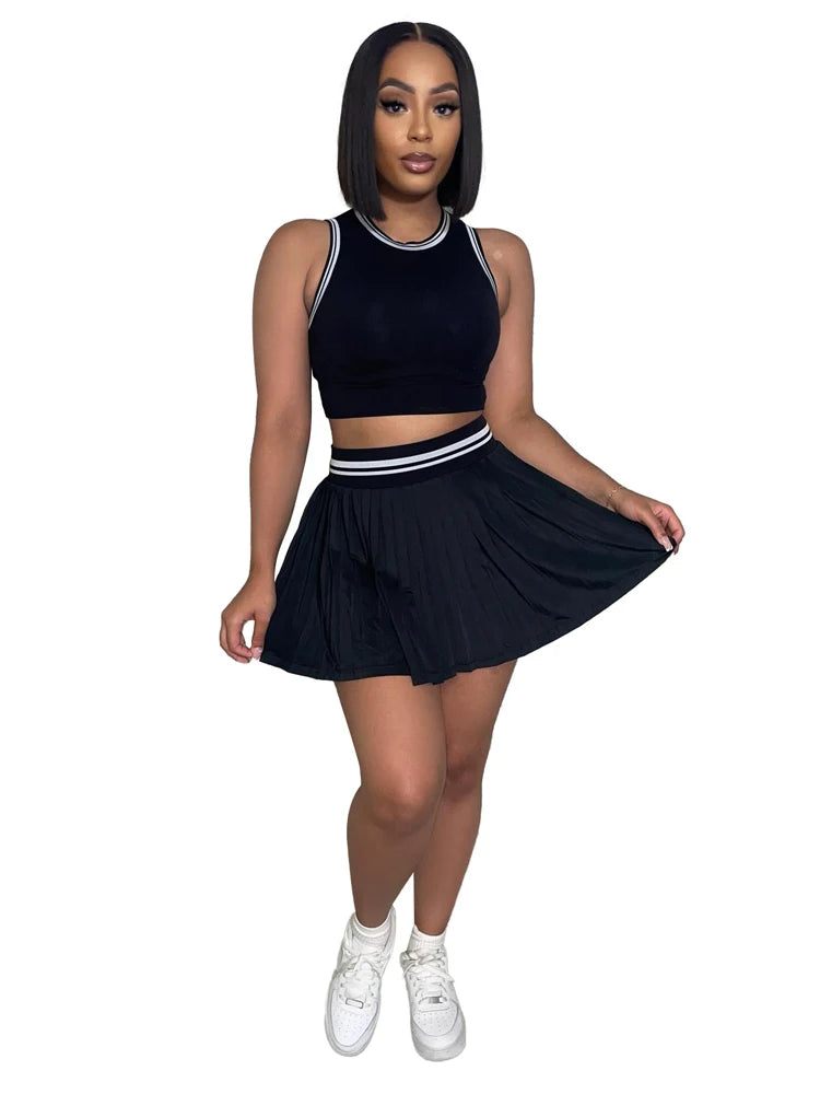 Fashion Women Sets Sleeveless Crop Top Pleated Skirt Suit 2025 Summer Cute Beach Club Knitted Two 2 Piece Set Outfits Tracksuit