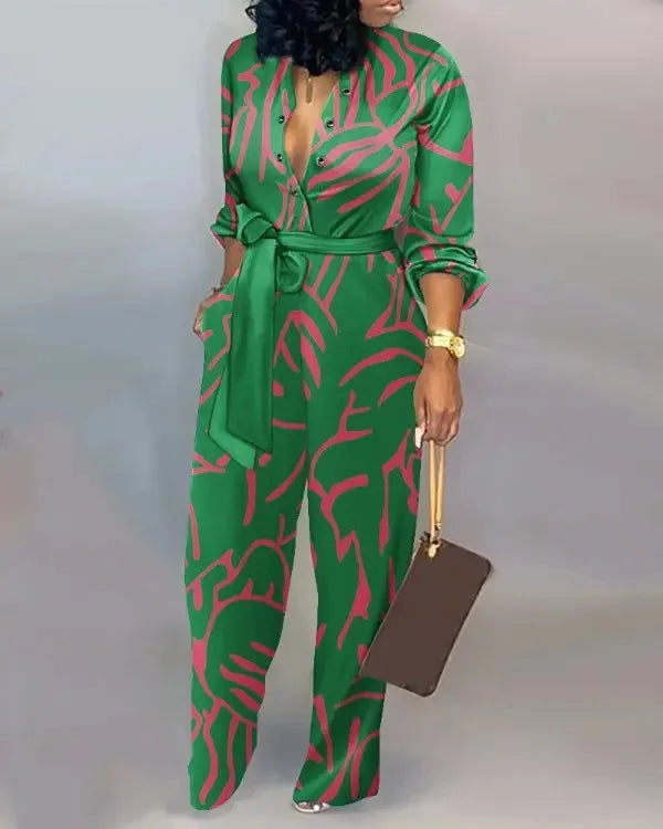 High-Waist Casual Straight-Leg Loose Printed Jumpsuit