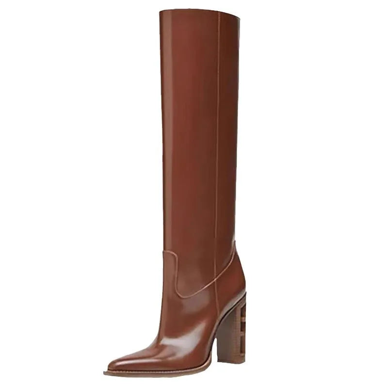 Pointed Toe Leather Knee High Boots