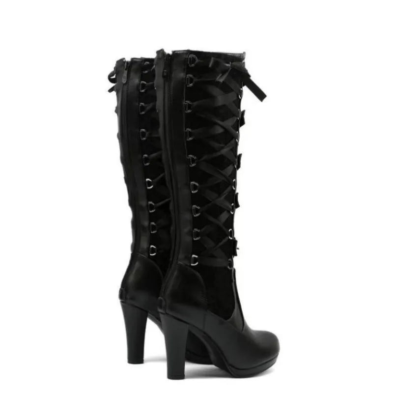 High-heeled boots Platform Boots for Women Lace Up Chunky High Heel Mid Calf Boots Narrow Band Bow Knot Goth Gothic Shoes 2025