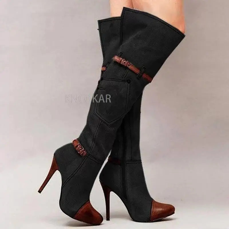 Fashionable Knee High Denim High Heel Boots