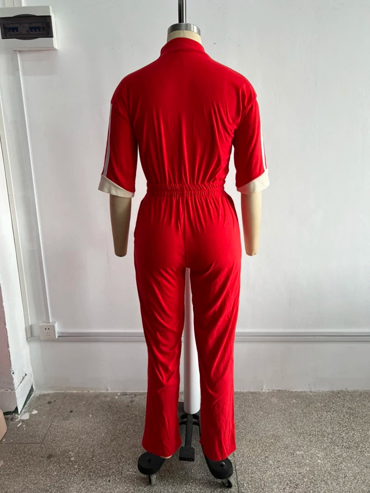 Women Jumpsuits for Spring Half Sleeve Zip Front Stripe Loose Trends Streetwear Overalls Wide Leg Pants Trousers 2025 Summer New