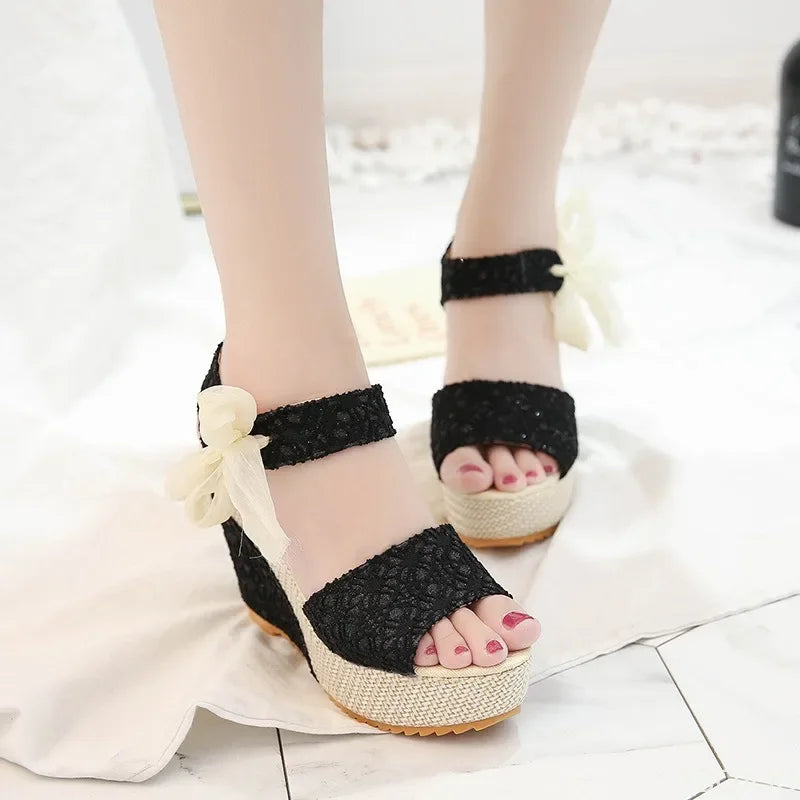 Summer New Fashion Slope Heel Fish Mouth Women's Sandals Party Lace Lace Strap Waterproof Platform Thick soled High Heels