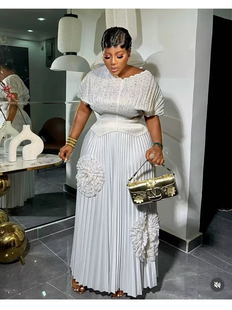 2 Piece Pleated Top Long Skirt Set
