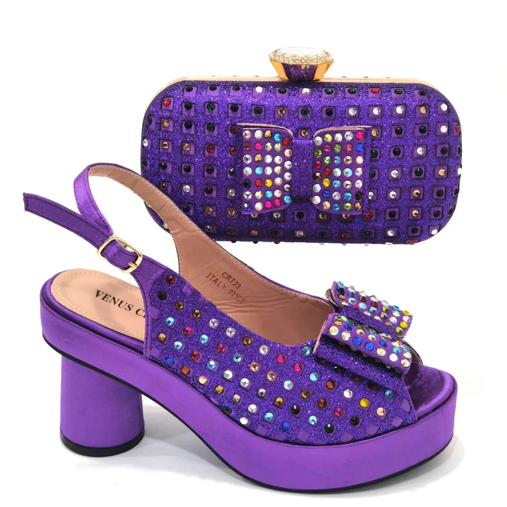 2024 Gold Party Shoe and Bag for Wedding Italy Style Matching Shoes and Purse Set for Bride Bridal High Heels Sandals Bag