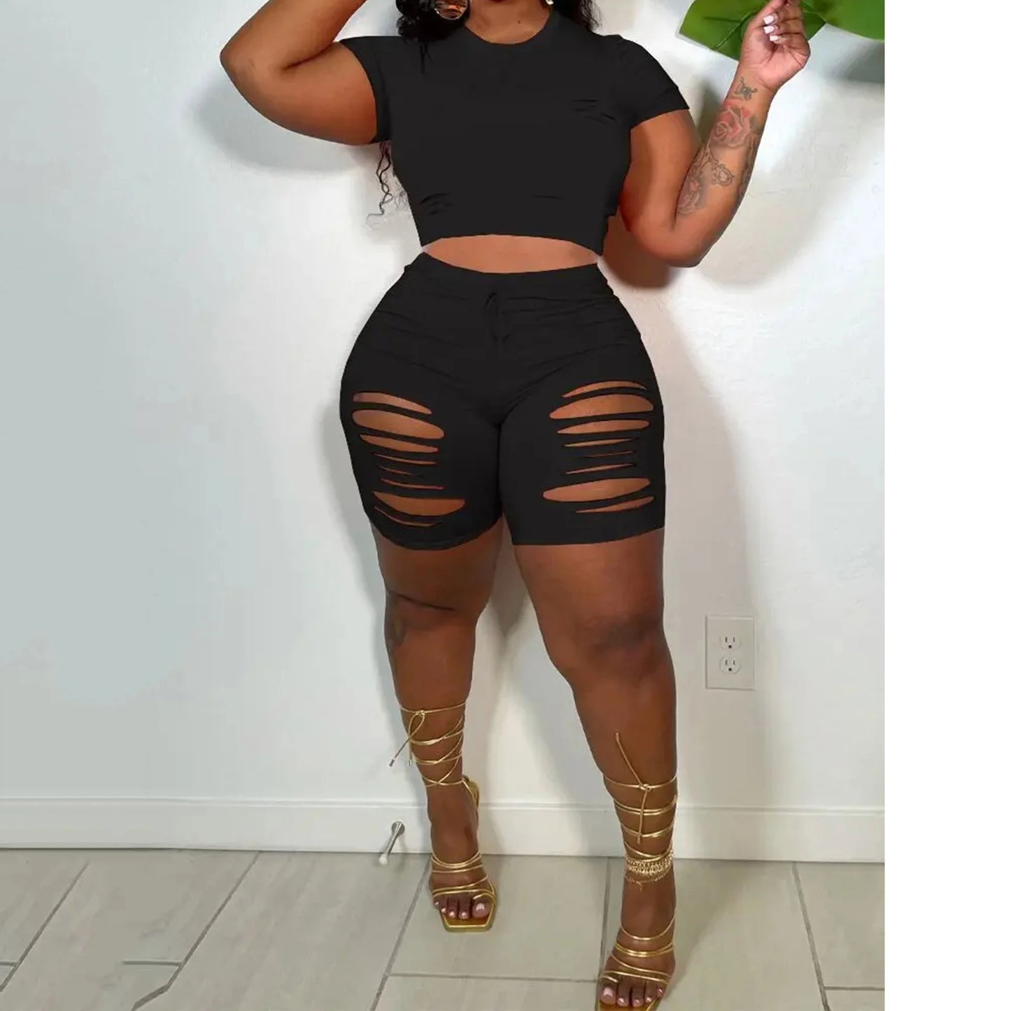 Crew Neck 2 Piece Top & Cut Out Shorts Set