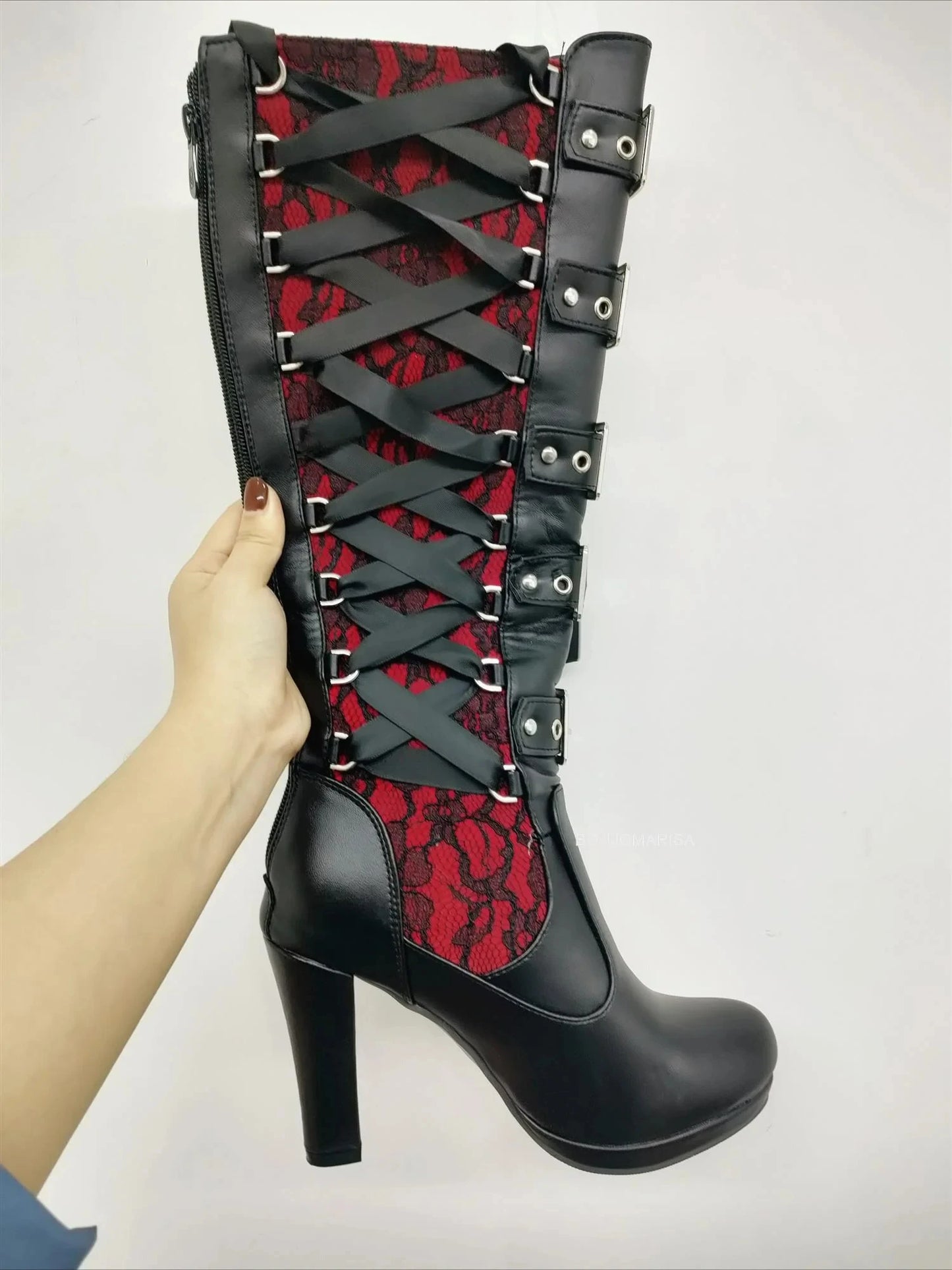 High-heeled boots Platform Boots for Women Lace Up Chunky High Heel Mid Calf Boots Narrow Band Bow Knot Goth Gothic Shoes 2025