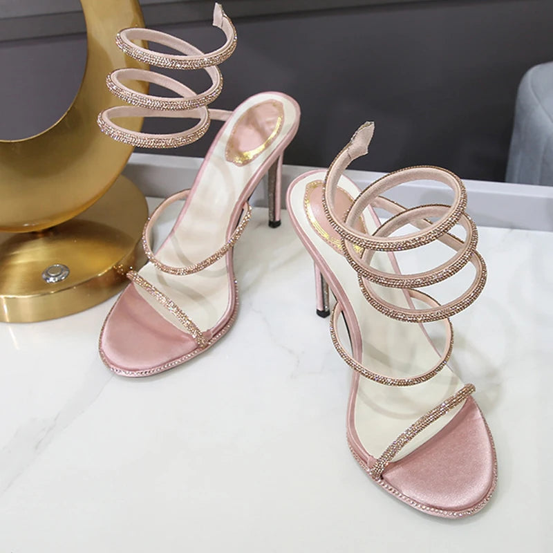Eilyken Fashion Crystal Stiletto High Heels Woman Sandals Street Style Sexy Open Toe Wedding Party Prom Ankle Strap Shoes