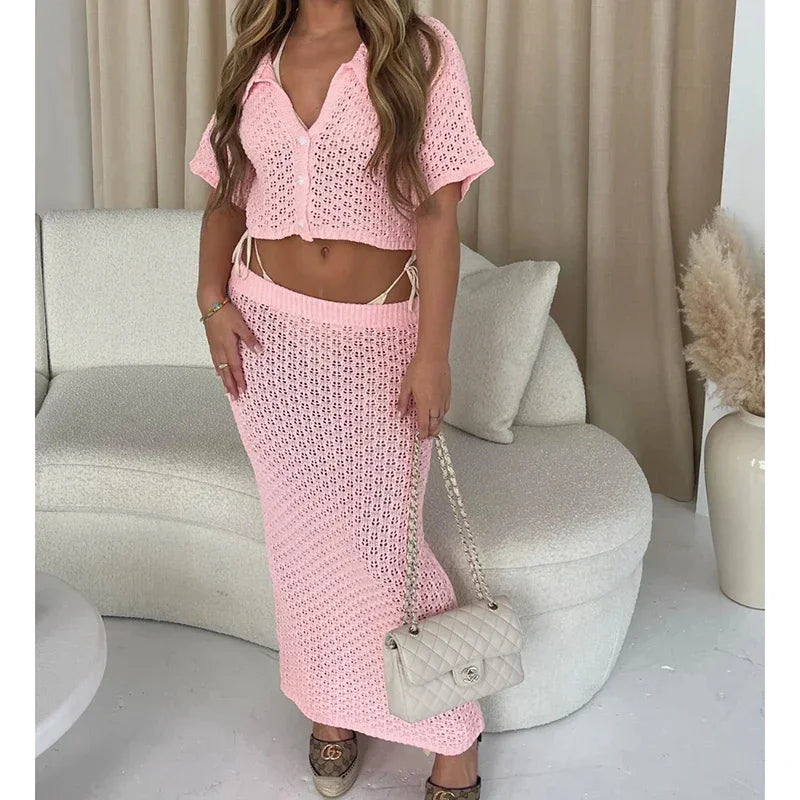ALLUKASA Knitted Hollow Out Women Skirt Sets Single Breasted Short Sleeve Cardigan Long Skirts Fashion Casual Beach 2 Piece Sets