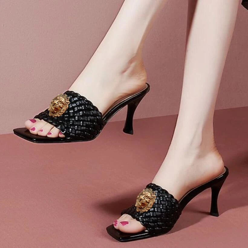 European and American Summer High Quality Irregular High Heel Square Head Slippers Women's Nightclub Show Banquet Shoes