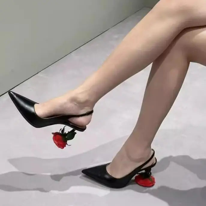 Rose Flower Slingback Real Leather Unique Heels