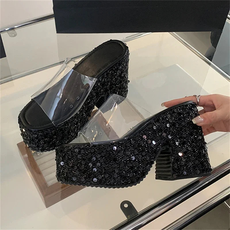 Eilyken Summer PVC Transparen Sequin Cloth Platform Open Toe Women's Slippers Designer Square High Heels Shoes Zapatos De Mujer