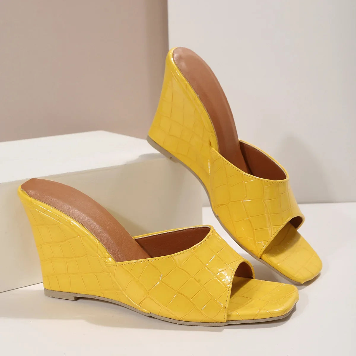 Snake Print Leather Wedge Sandal Slippers