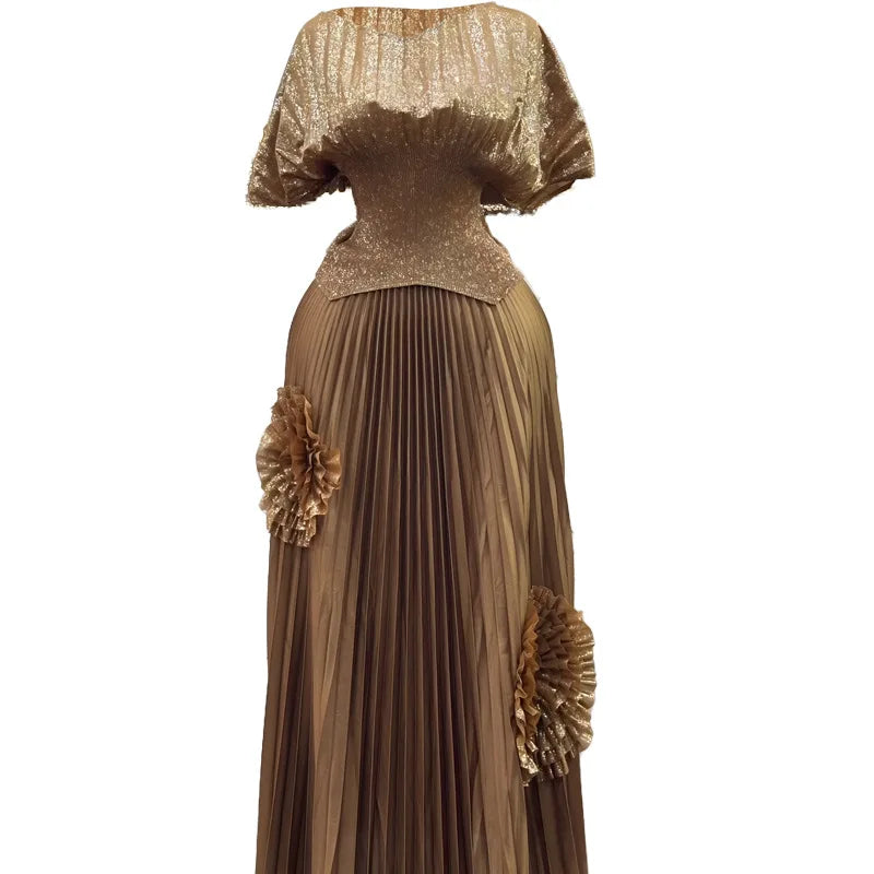 2 Piece Pleated Top Long Skirt Set