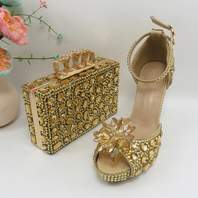 BaYa Fang Champagne Crystal Bridal Party shoes bag Set Women Thin Heel Wedding Evening shoes Open Toe Sandals Ankle Strap Female