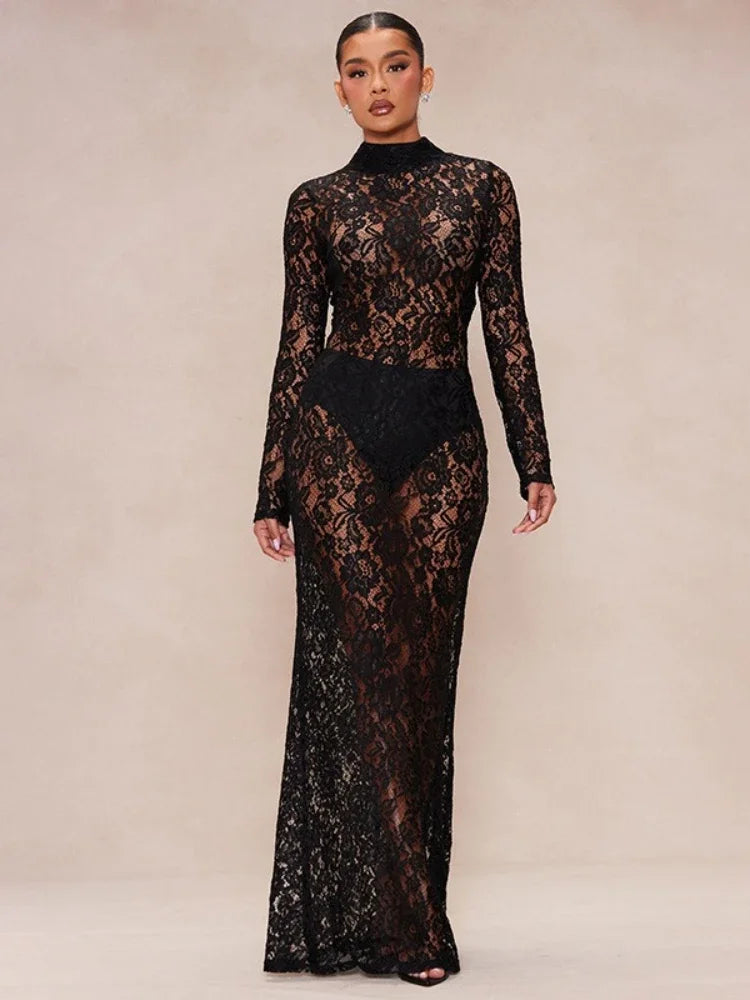 Fashion Sexy Long Sleeve Hollow Out Lace Long Dress for Women Elegant See-through Bodycon Wedding Party Dresses Evening Gown