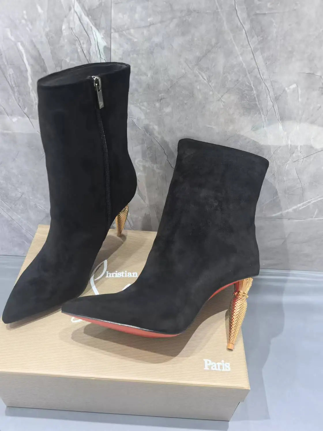 Gold Metal Bullet-Shaped Heel Short Boots For Women Pointed Toe Back Zipper Black Leather Boats Female High Heels Elegant 36-42