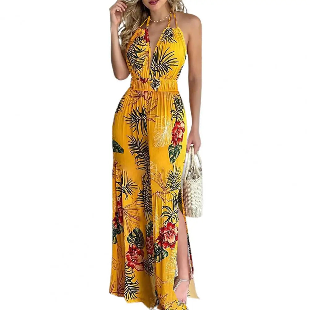 Sexy Sleeveless Halter Jumpsuit Women 2022 Summer Romper Floral Print Wide Leg Long Pants for Women Jumpsuits комбинезон женский