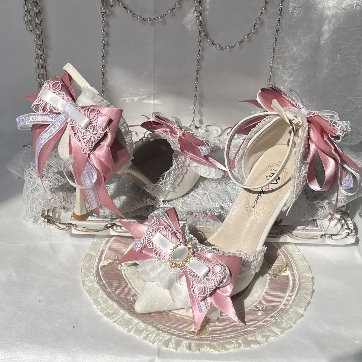 Pink Heeled Sandals Lolita Heels Shoe and Bag Set Luxury Woman High Heels Party Shoes Woman Bow Weddings Bridal Shoes Y2K Heels