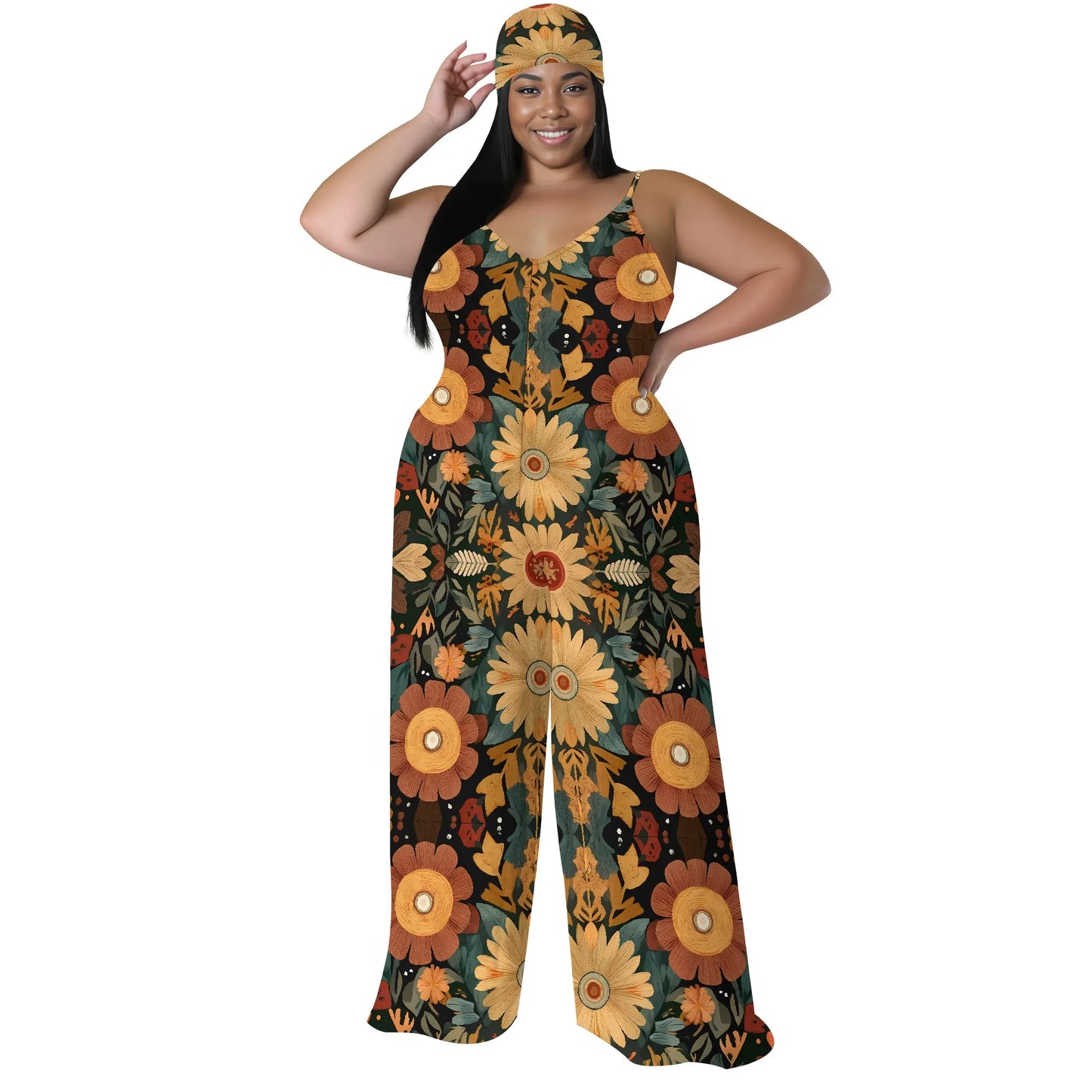 Plus Size Graphic Jumpsuit Colorful Pixel Landscape Print Wide Leg Sleeveless Romper for Women