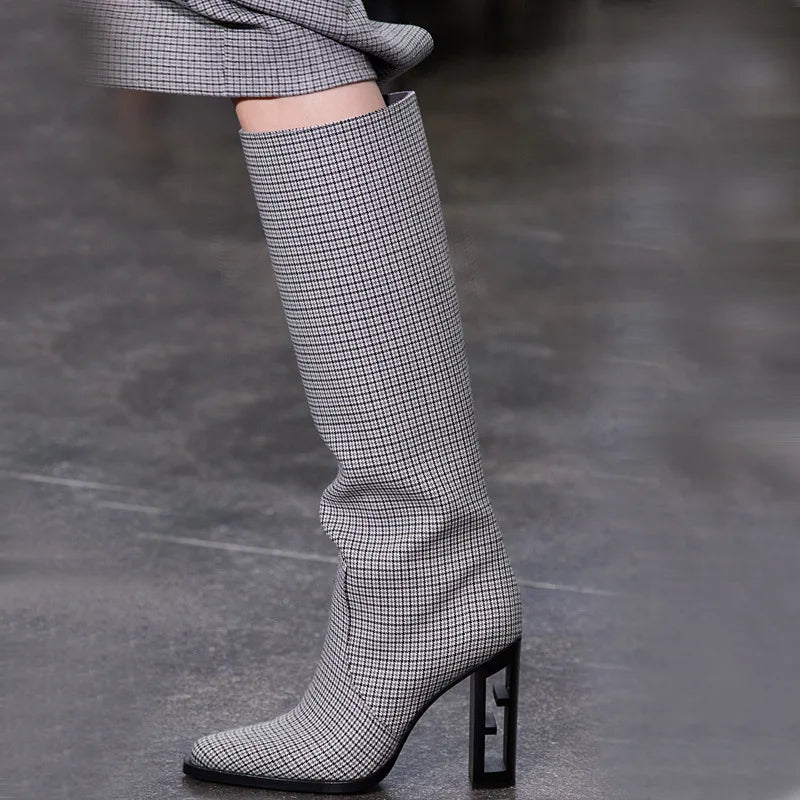 Pointed Toe Leather Knee High Boots