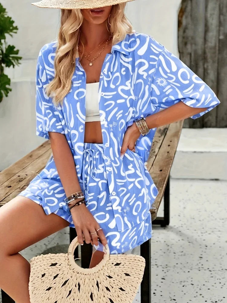 Plus Size Women Casual Floral Print Shirt Shorts Set Two-Piece Summer Vacation Style Elastic Retro Fashion Comfortable Fit Suit