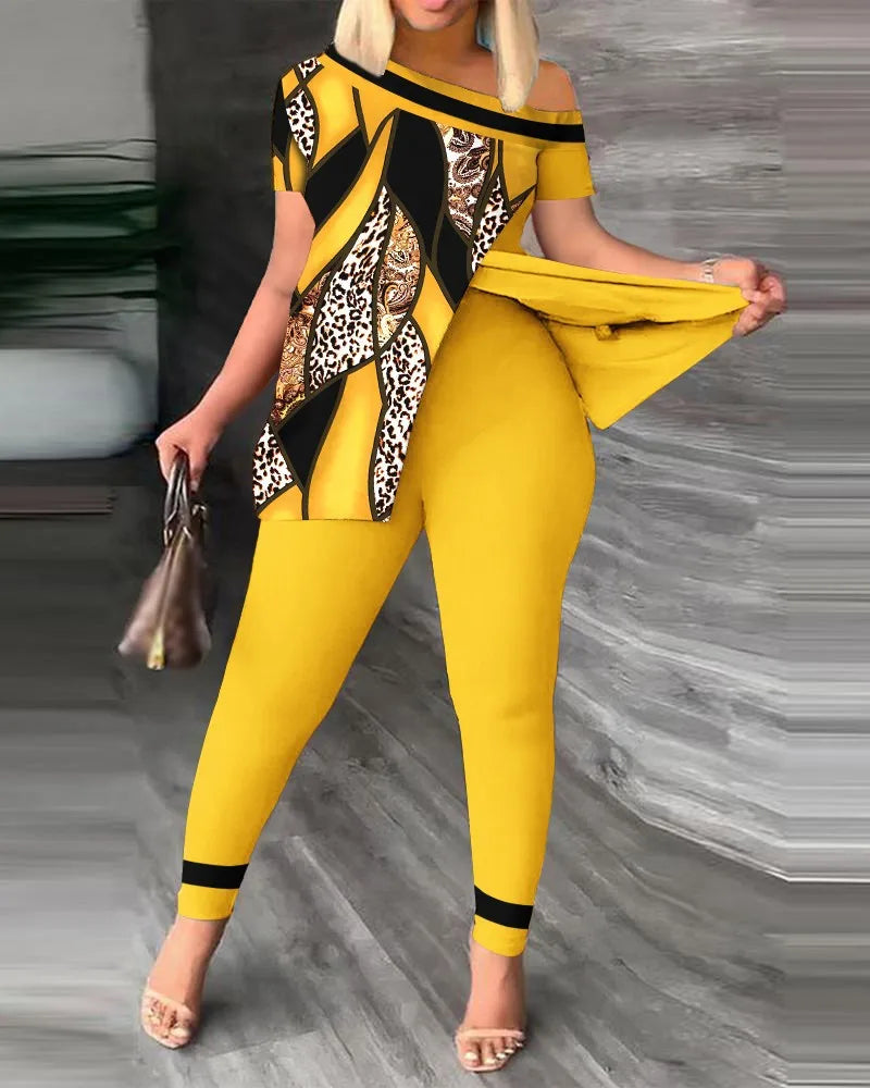 2 Piece Fashion Printed Ruffle Sleeve Pants Set