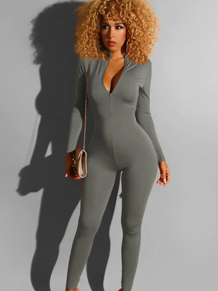 Casual Sporty Solid Bodycon Jumpsuit Women Outfits Long Sleeve Fitness Work Out Skinny Rompers Elastic Overalls for Women Jogger