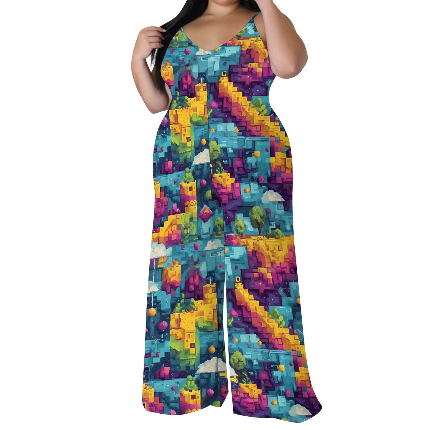 Plus Size Graphic Jumpsuit Colorful Pixel Landscape Print Wide Leg Sleeveless Romper for Women