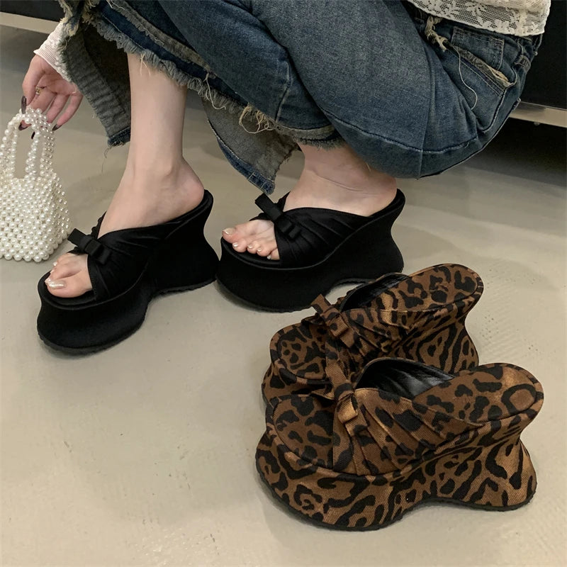 Eilyken Sexy Leopard Print Butterfl-Knot Platform Wedges Women's Slippers Street Style Summer High Heels Banquet Shoes