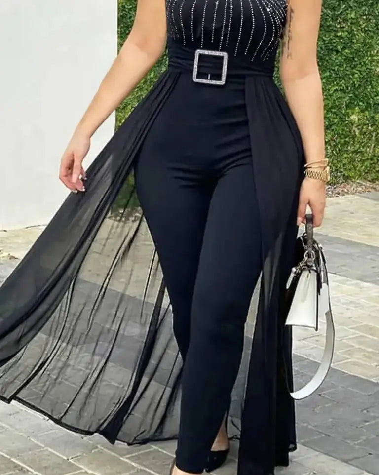 Rhinestone Sheer Mesh Daily Casual Jumpsuit