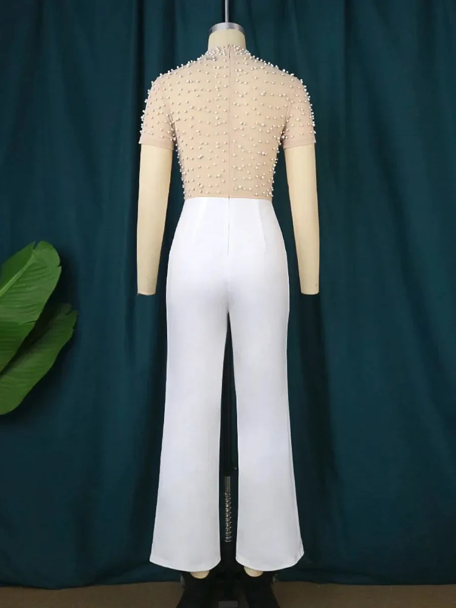 Customized Elegant Jumpsuits & Rompers for Women O Nec Short Sleeve Beaded High Waisted Luxury Female Birthday Dinner Party Over