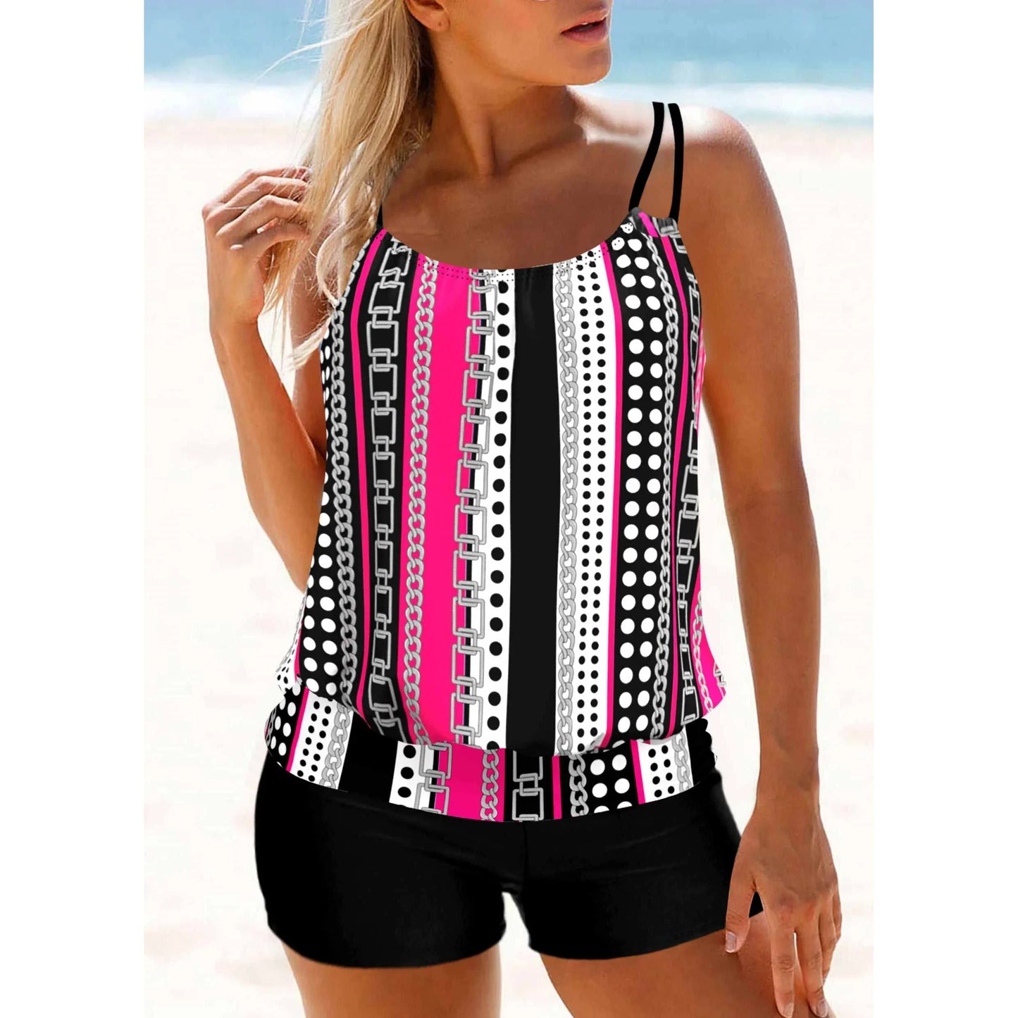 Summer Women's High-quality Two-piece Swimsuit Set, Beach Retro Striped Print Two-piece Swimsuit Set S-6XL