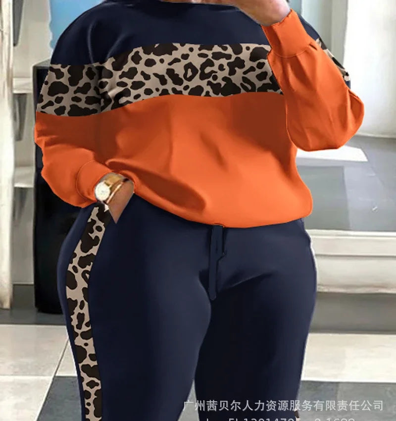 Women Two Piece Sets Print Pant Sets Long Sleeve Tops Plus Size Outfits Drawstring Y2k Trousers Sweatshirts Suits Work Spring