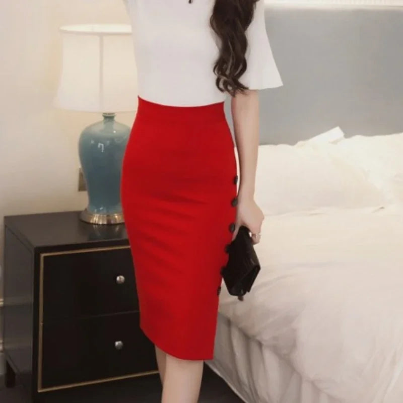 Summer Elegant Midi Skirt Women Skirt 5XL Plus Size Sexy Slit Women's Versatile Bodycon Pencil Skirt Fashion Button Streetwear