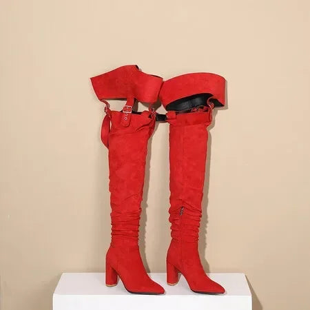 2024 New Suede High Heels Sexy Buckle Strap Thigh High Boots NightClub Stage Over-the-Knee Long Booties 8.5CM Fetish Women Shoes
