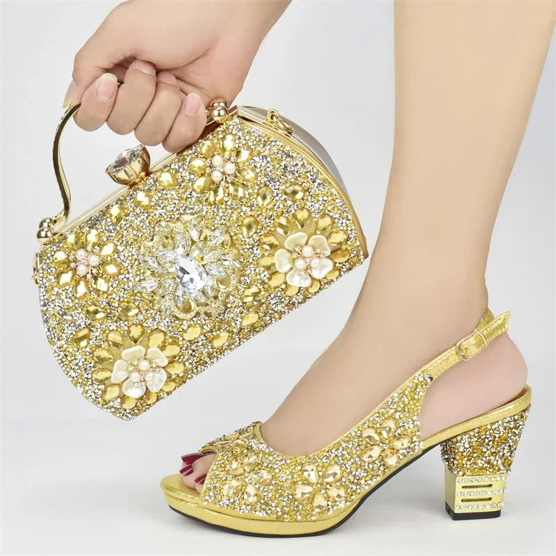 Fashion Italian Shoes with Bag Set Decorated with Rhinestone Women Wedding Shoes Set Nigerian Party Pumps High Heels Sexy Ladies