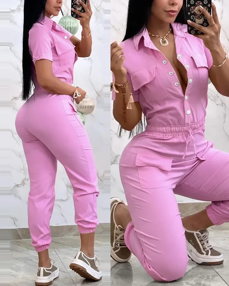 New Fashion Women Working Jumpsuit Short Sleeve Pocket Design Turn Down Collar Elastic Waist Drawstring Cuffed Cargo Jumpsuit