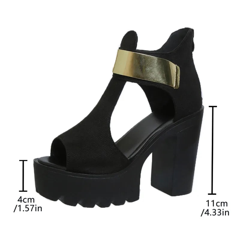Open Toe Cutout Platform Rear Zipper Non-Slip Block Heels
