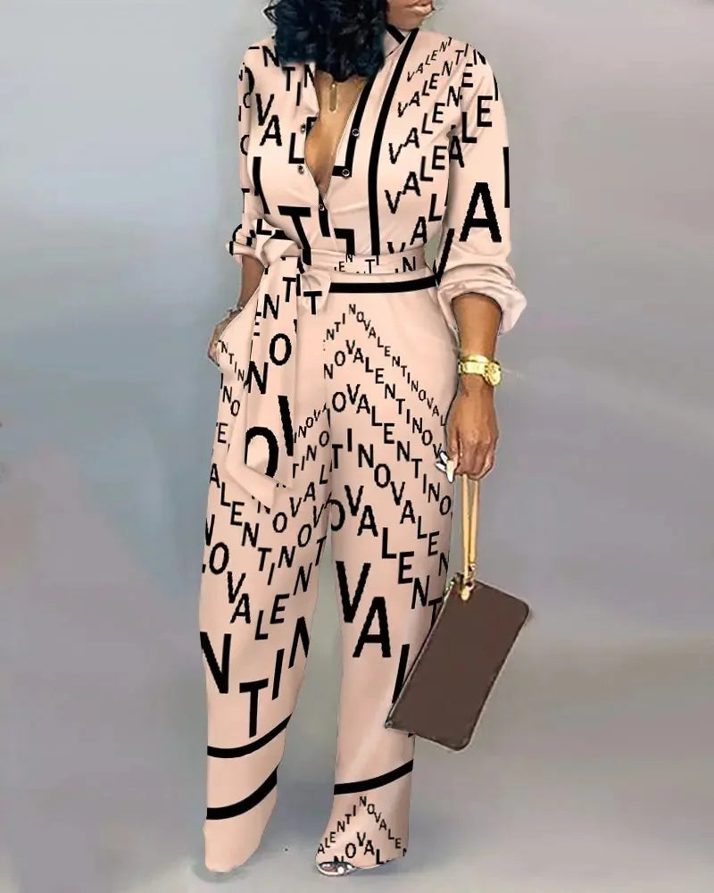 High-Waist Casual Straight-Leg Loose Printed Jumpsuit