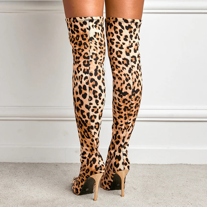Aneikeh Over Knee Long Boots Sexy Leopard Fetish Strip Pole Dance Pointed Toe Thin Heels Ladies Shoes 2025 Spring Botas De Mujer