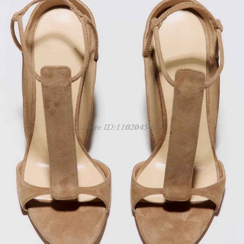 Brown/Black Suede T-strap Open Toe Sandals Women's Sexy 2025 Summer New in Soft Party High Heels Luxury Designer Date Shoes