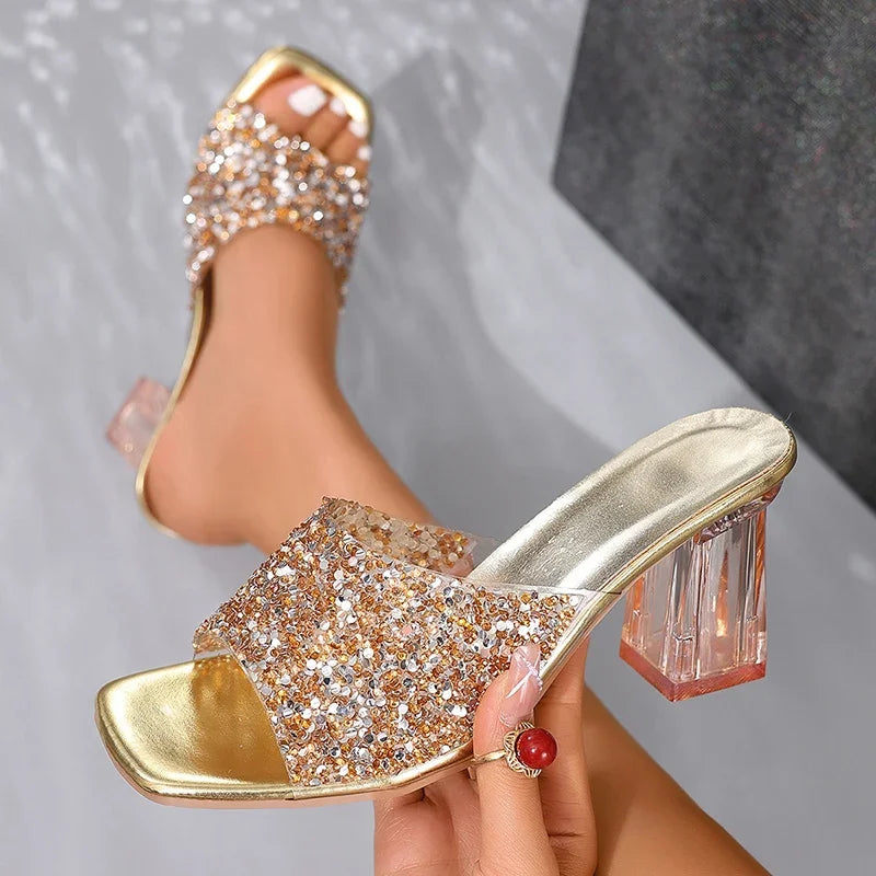 Shiny Sequins Slippers Shoes Women Summer High Heel Square Toe Transparent Heeled Sandals Woman Gold Silver Glitter Slides