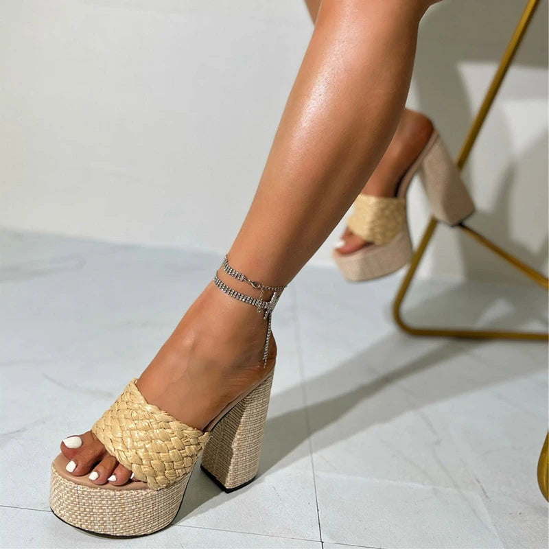 Eilyken Street Style Weave Women Slippers Fashion Platform Open Toe Nightclub Party High Heels Shoes Summer Ladies Pumps